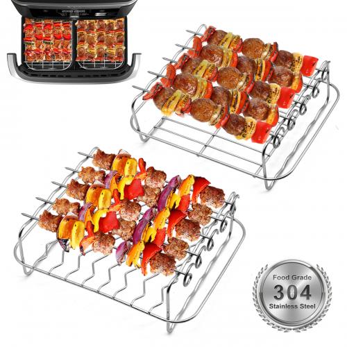 2 pcs 304 Stainless Steel Air Fryer Rack for 11 QT Ninja Foodi AD350CO 7-in-1 Dualzone flexbasket XL FlexBasket Air Fryer, with 10 Skewers, 7.8x6.3x2.5 inch